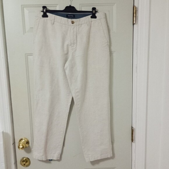Nautica Pants Mens 34Wx30L Linen Blend Classic Fit Straight Flat Beige - Picture 1 of 13